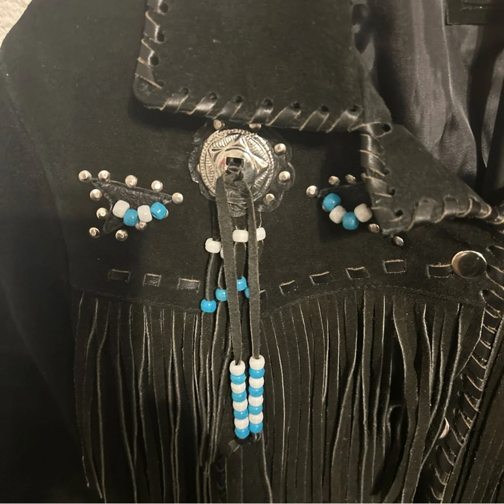 Black Suede Fringe Jacket with Beaded Accents - Picture 2 of 3